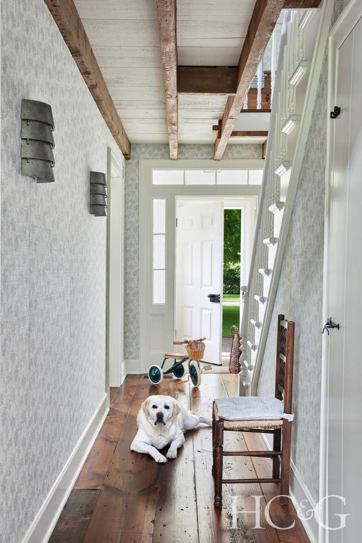 Hamptons Home Entryway with Yellow Labrador