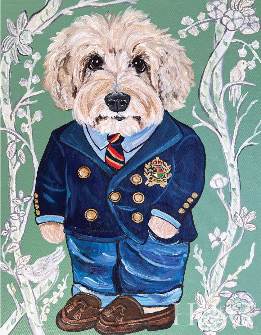 Painting of a dog wearing Ralph Lauren Polo