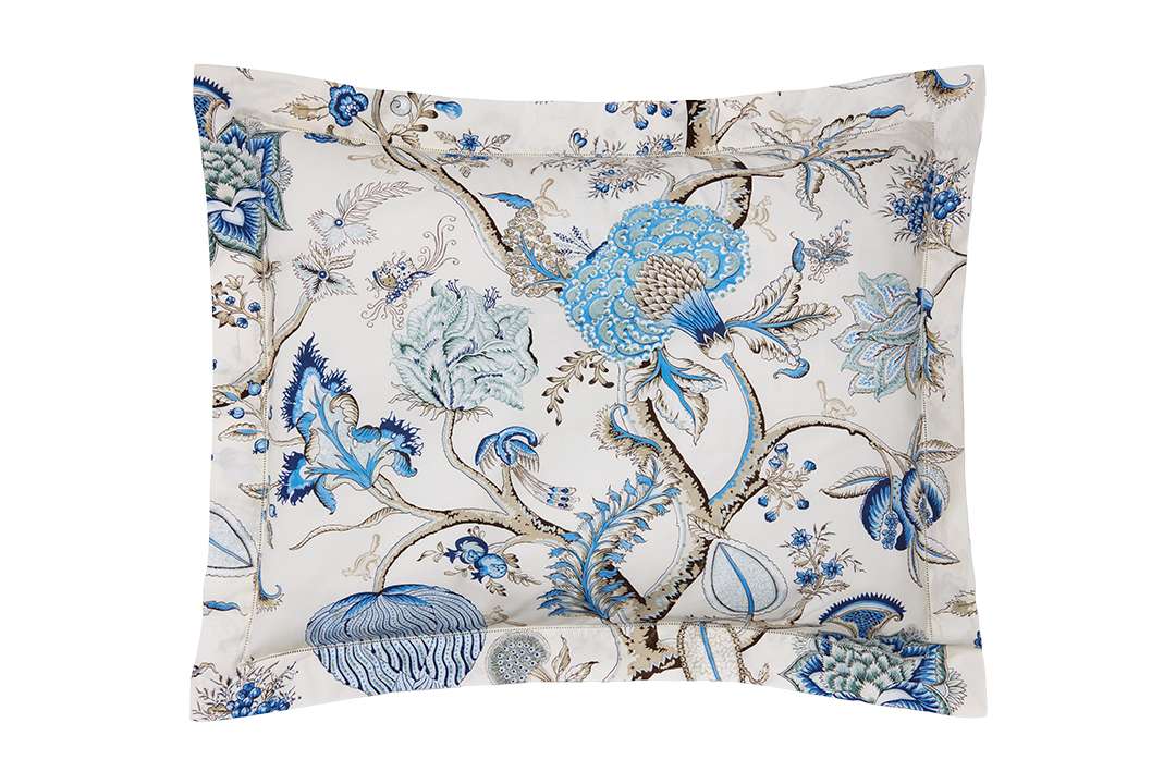 Blue and white floral beaded pillow