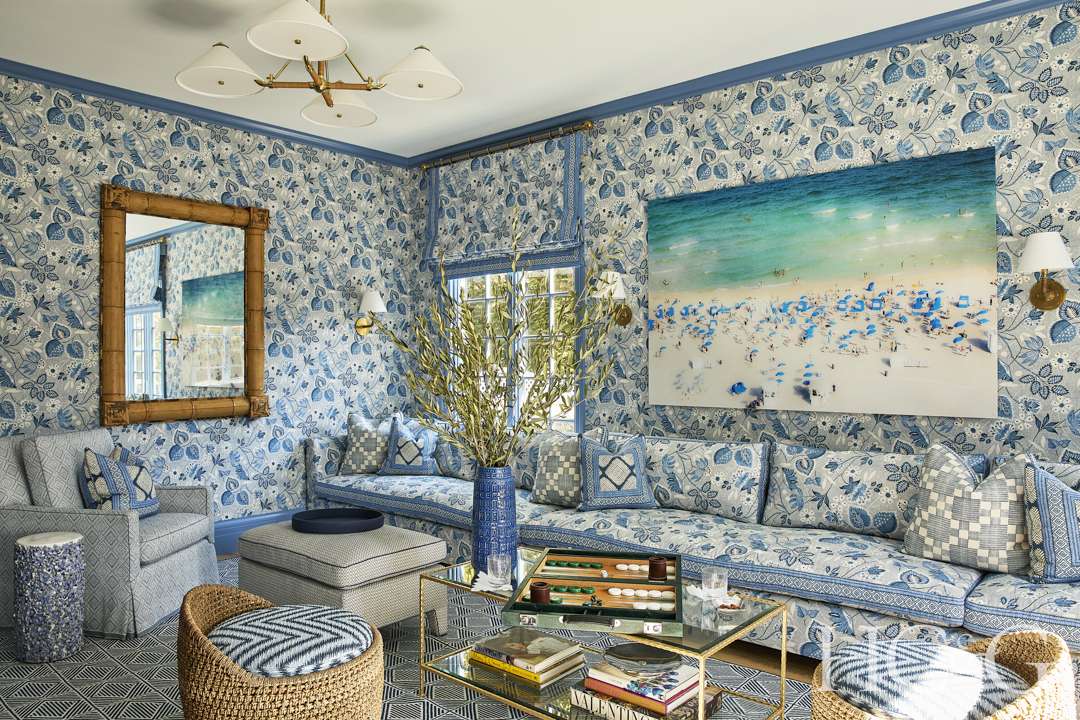 Hamptons home blue and white patterned living room