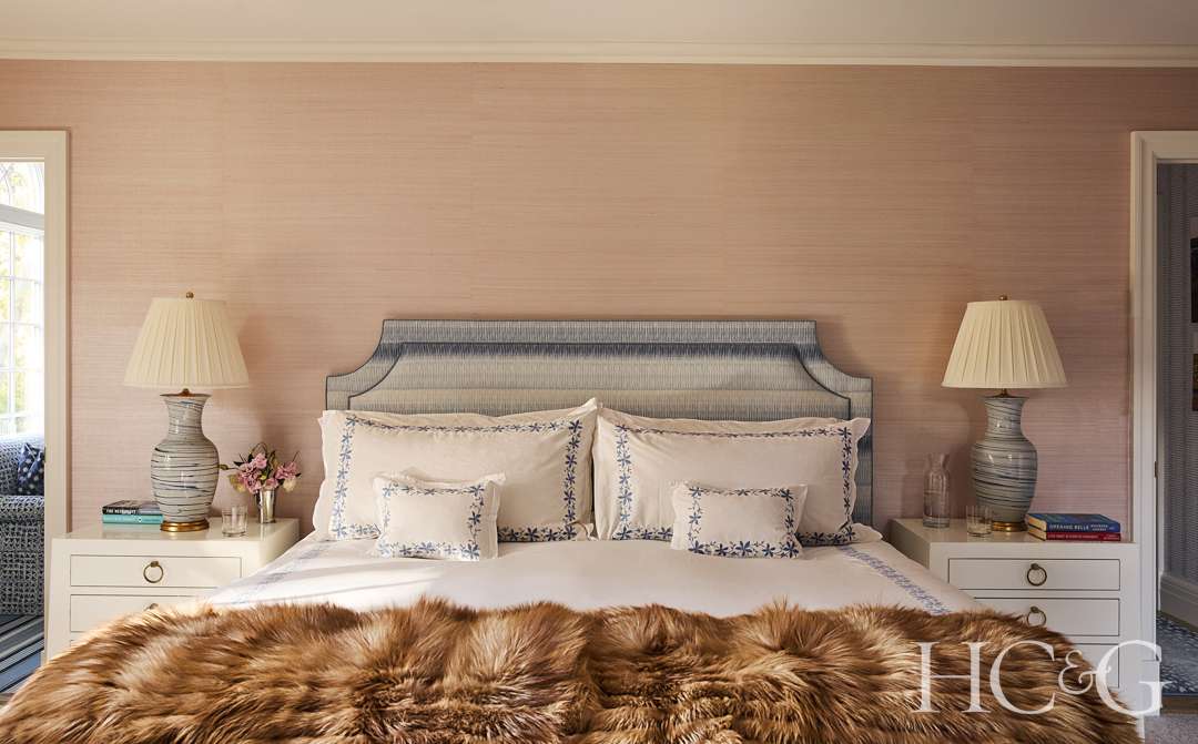 Hamptons home blue, pink, and white bedroom