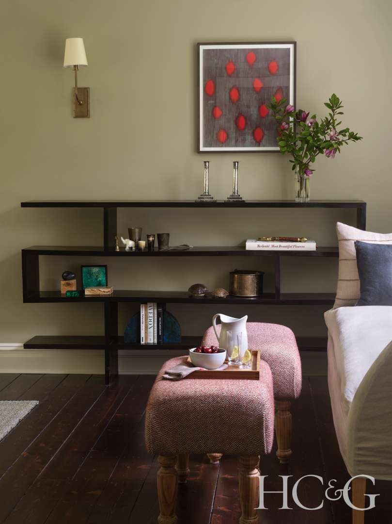 Bellport home living room teak shelving