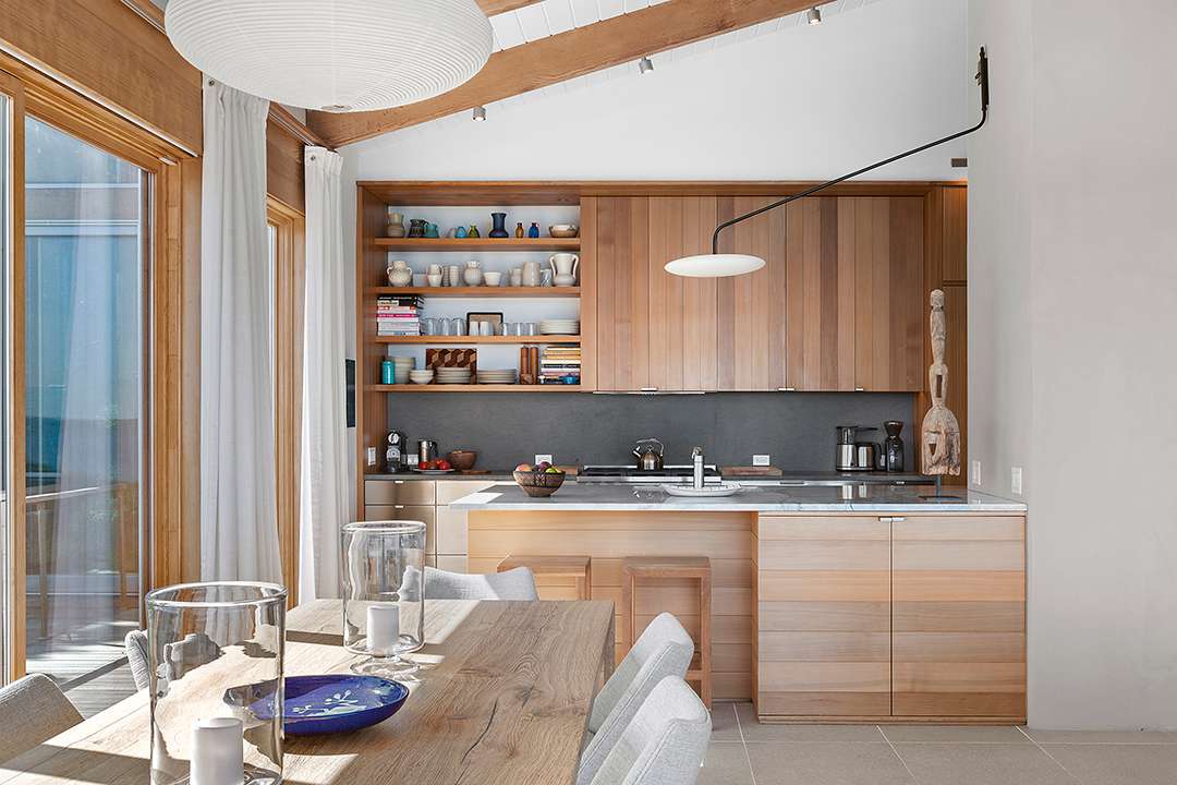 Wood based kitchen with dining area