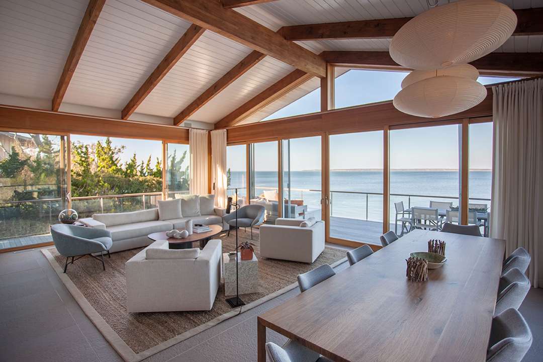East Hampton living room and dining room overlooking the bay