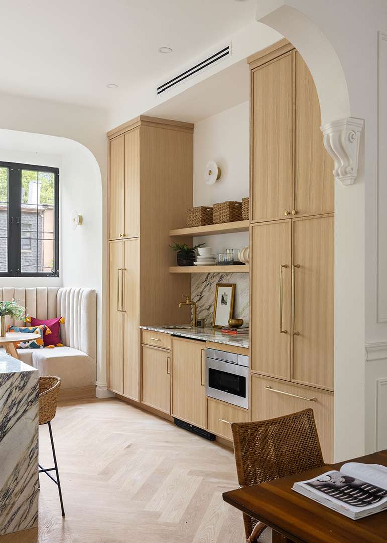 Brownstone Kitchen with Wooden Cabinets