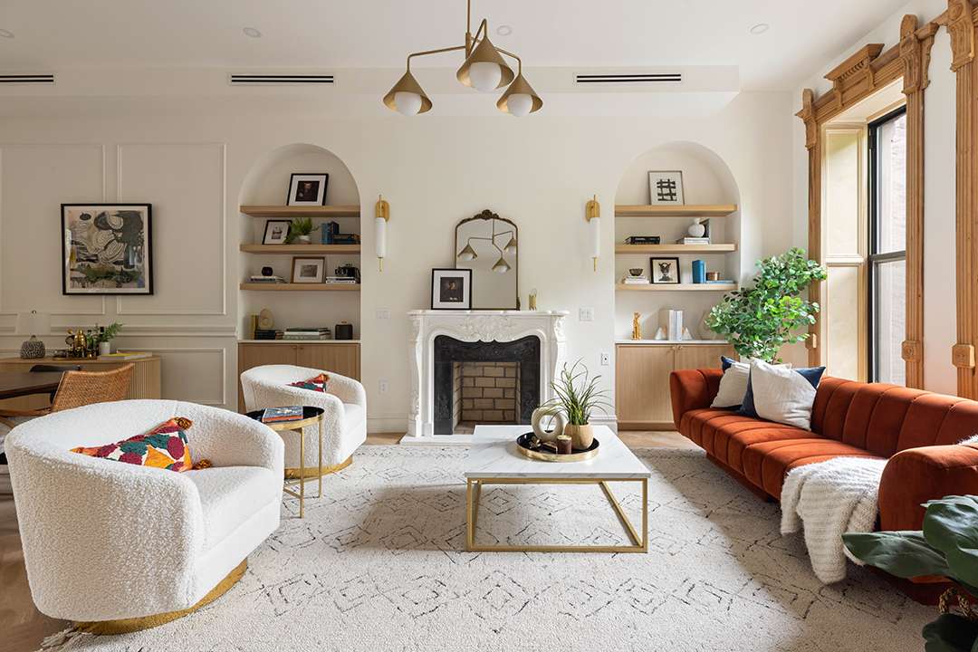 Brownstone Modern Gold and White Living Room with Pops of Color