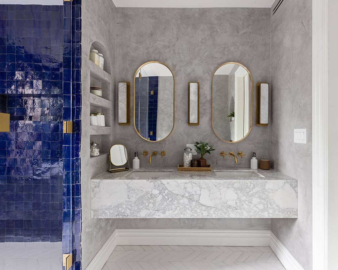 Master Bathroom with Marble and Blue Tiles