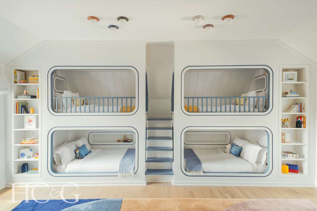 Blue and white bunkbeds