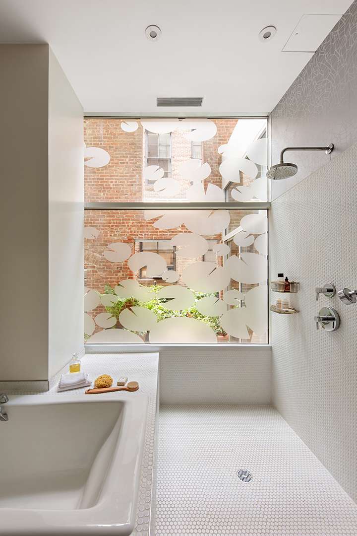 Bathroom with lilly pad design on window