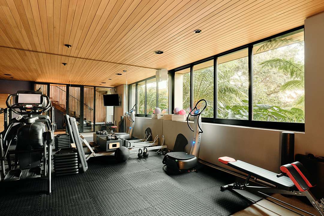 Lizzo's home gym with wood ceiling