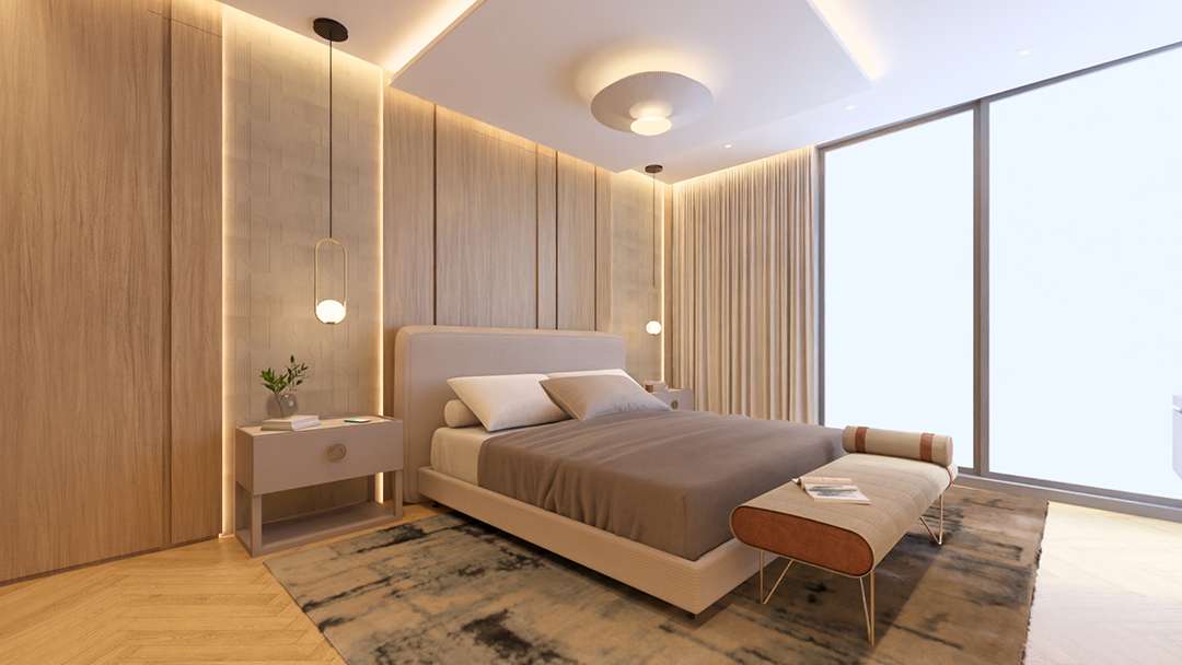 Aston Martin Miami Residence bedroom white grey and white bedding