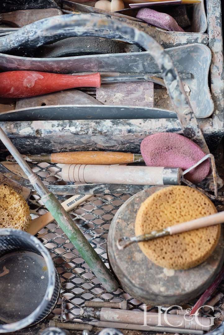 Variety of used potters' tools