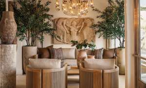 East Hampton seating area with gold accents