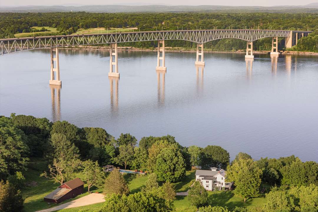 Aerial views of Hudson River estate with views of bridge