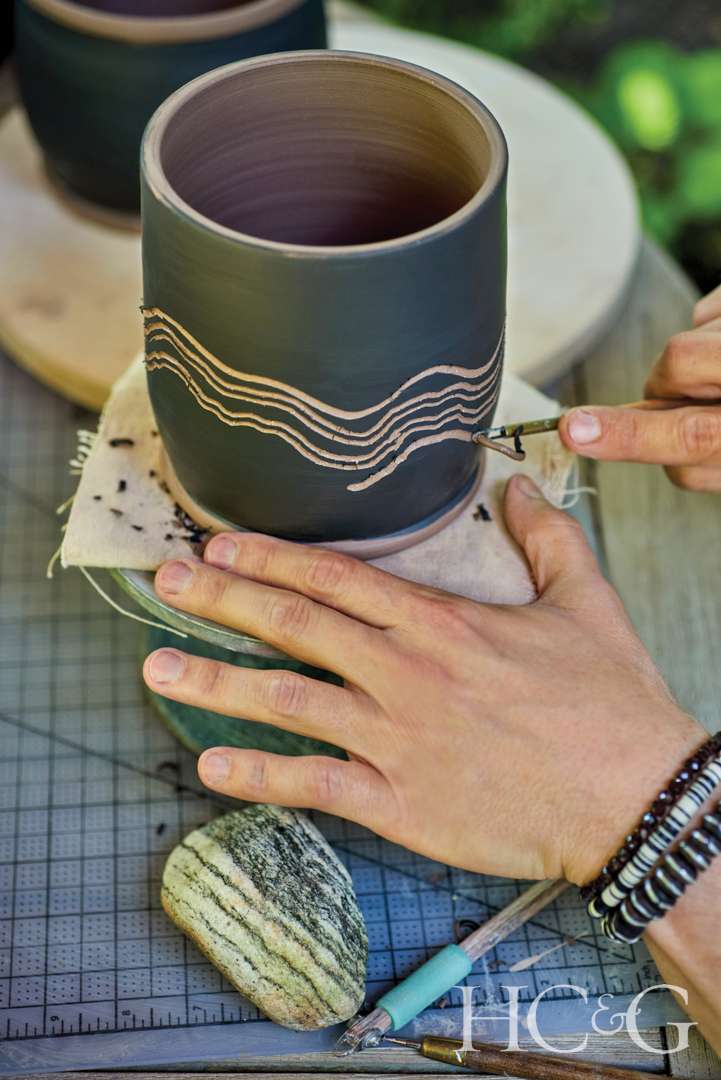 Black carved geo pot