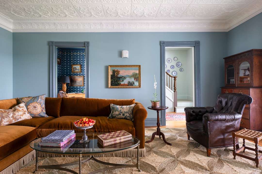 A classical-style living room inside of this estate along the Hudson River