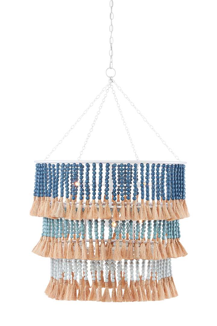 Blue and white chandelier with beads and ropes