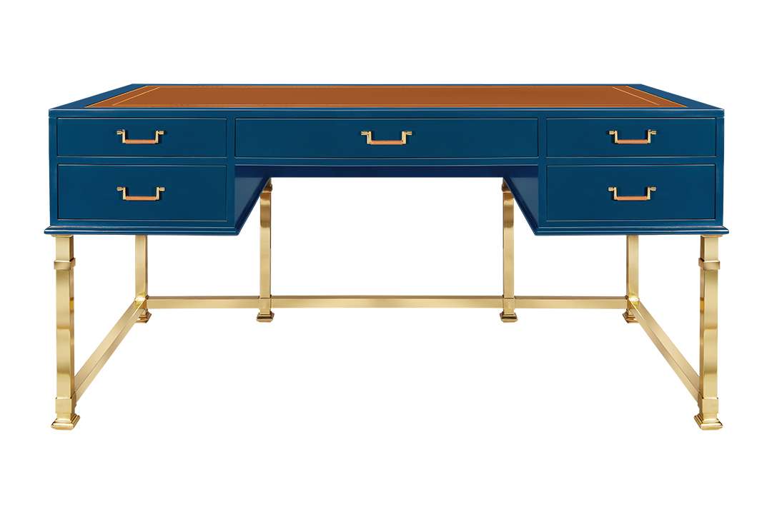 Blue and gold desk with leather details