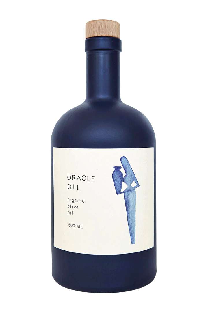 Blue Greek olive oil bottle