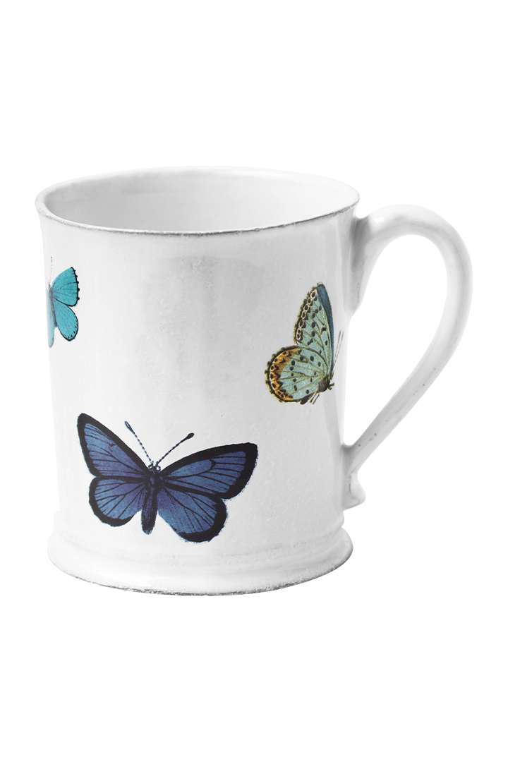 White mug with blue butterflies