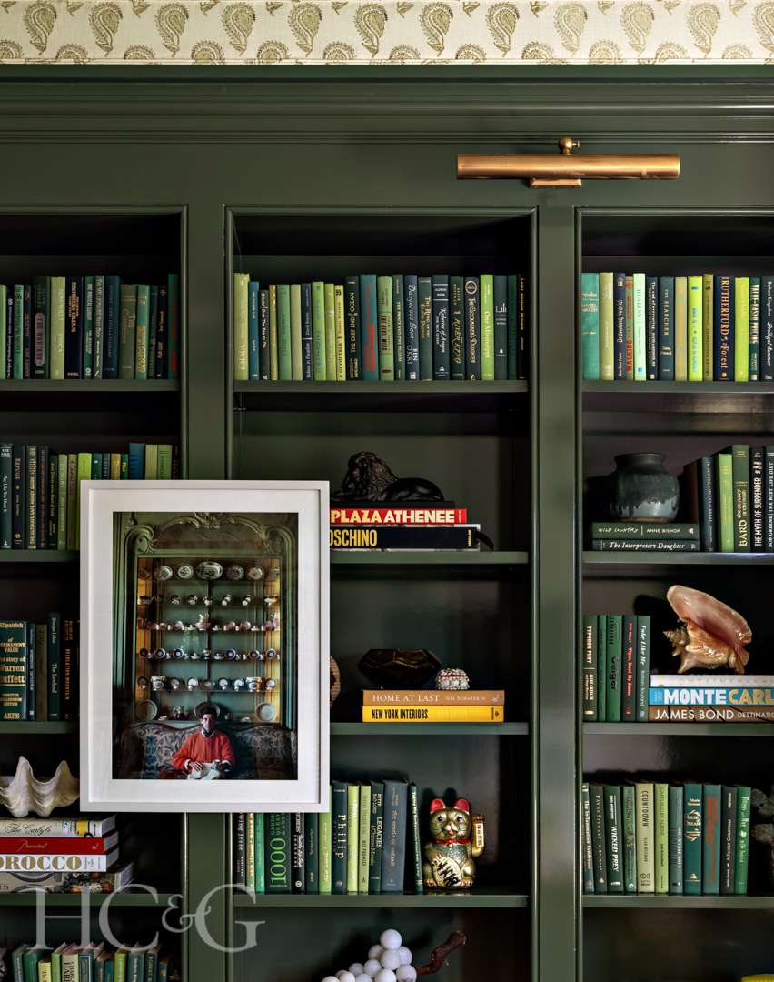 Green bookshelves and books