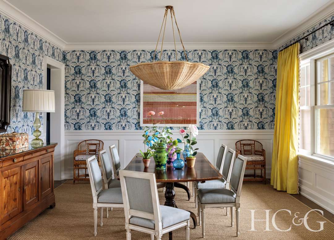 Wallpapered dining room in the Hamptons