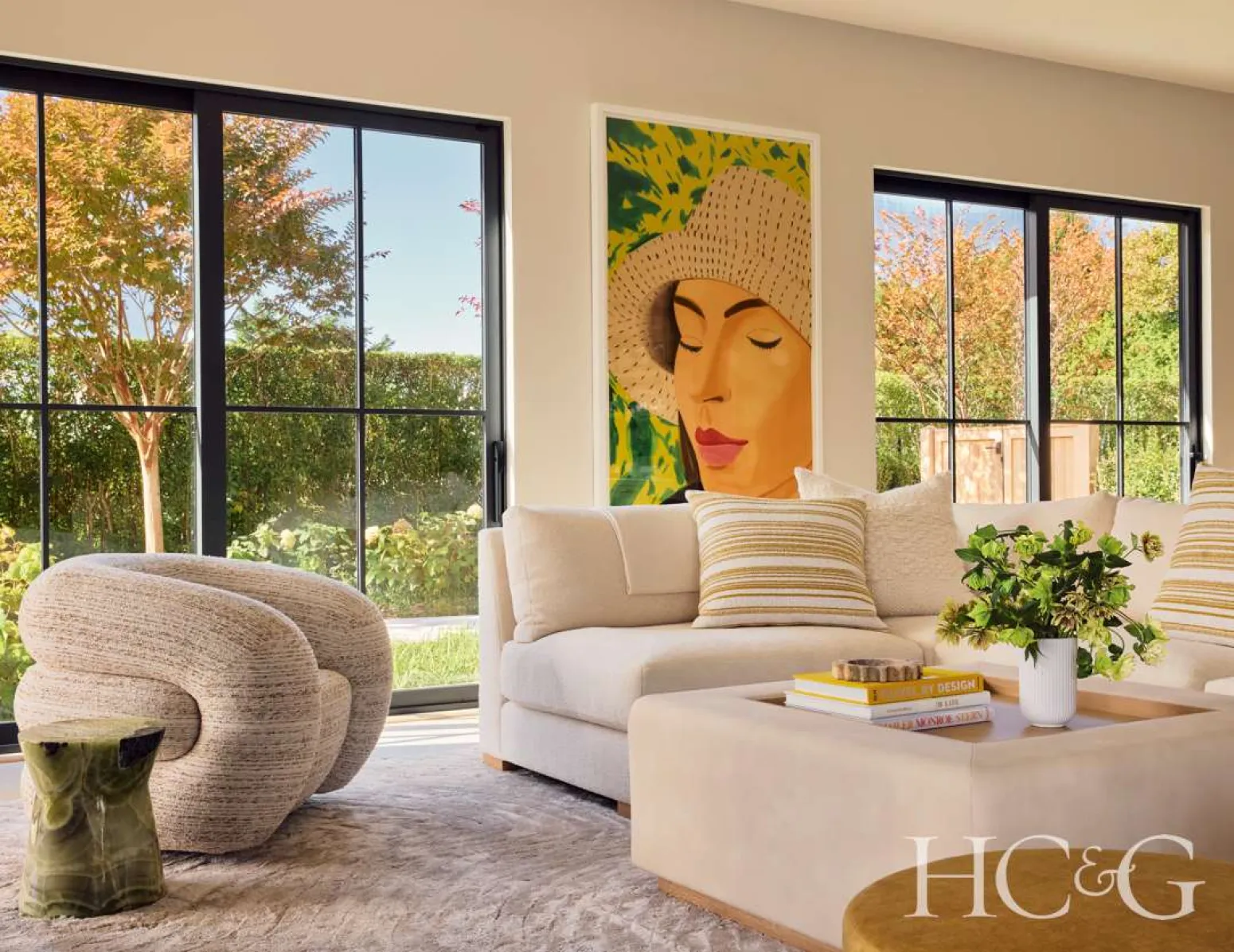 Modern neutral living room with yellow accents