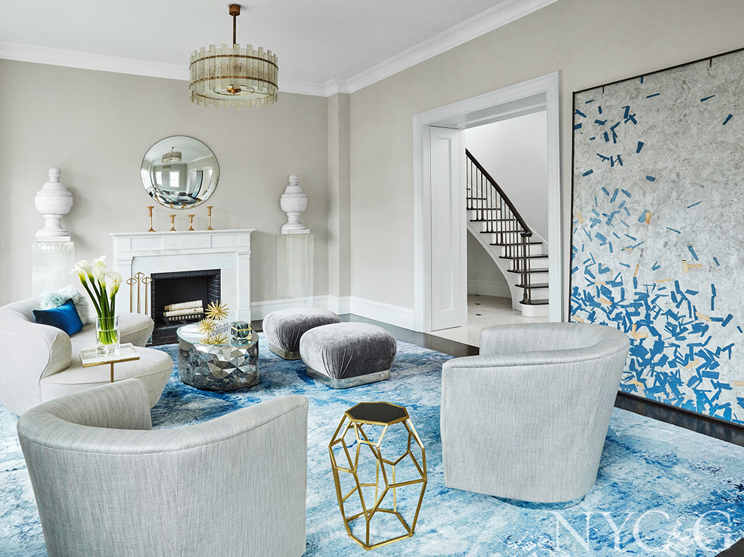 A chic living room with a restored marble mantel