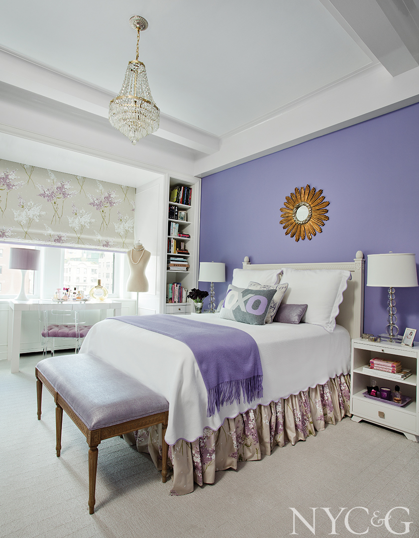 Vintage chandelier hang above daughter's bedroom