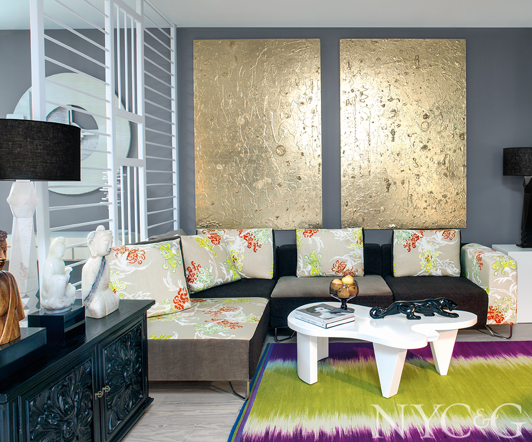 Lime pink rug captures attention in living room