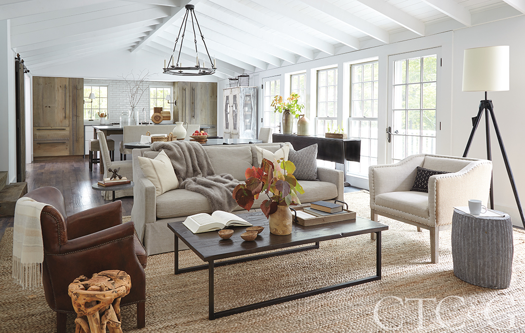 Beige, grey, and brown Vermont living room with wood accents