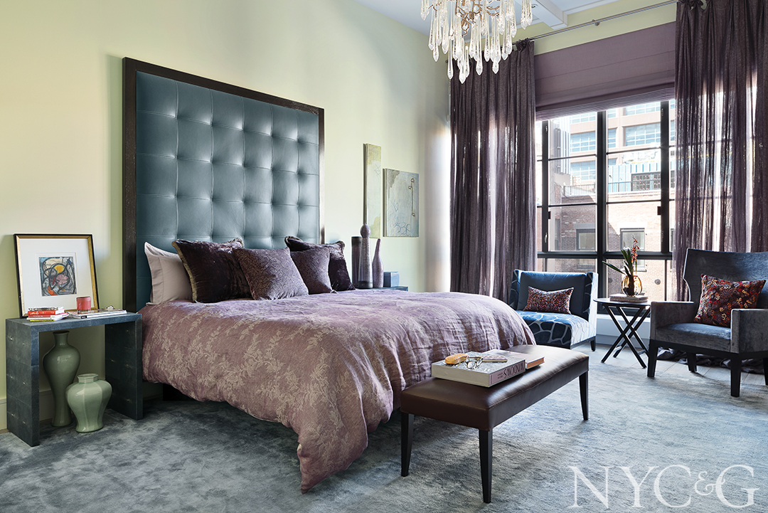 Luxurious master bedroom with purple accents