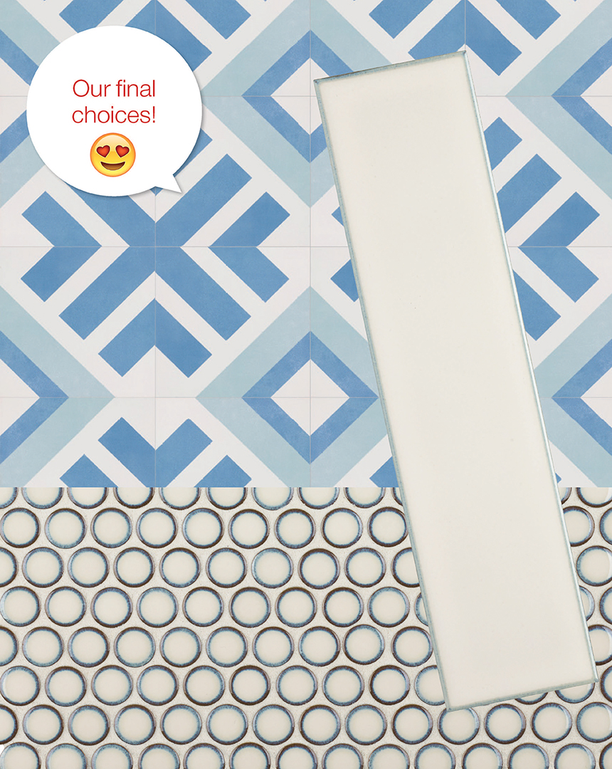 Blue and white diamond and polka dot tiles at Ann Sacks