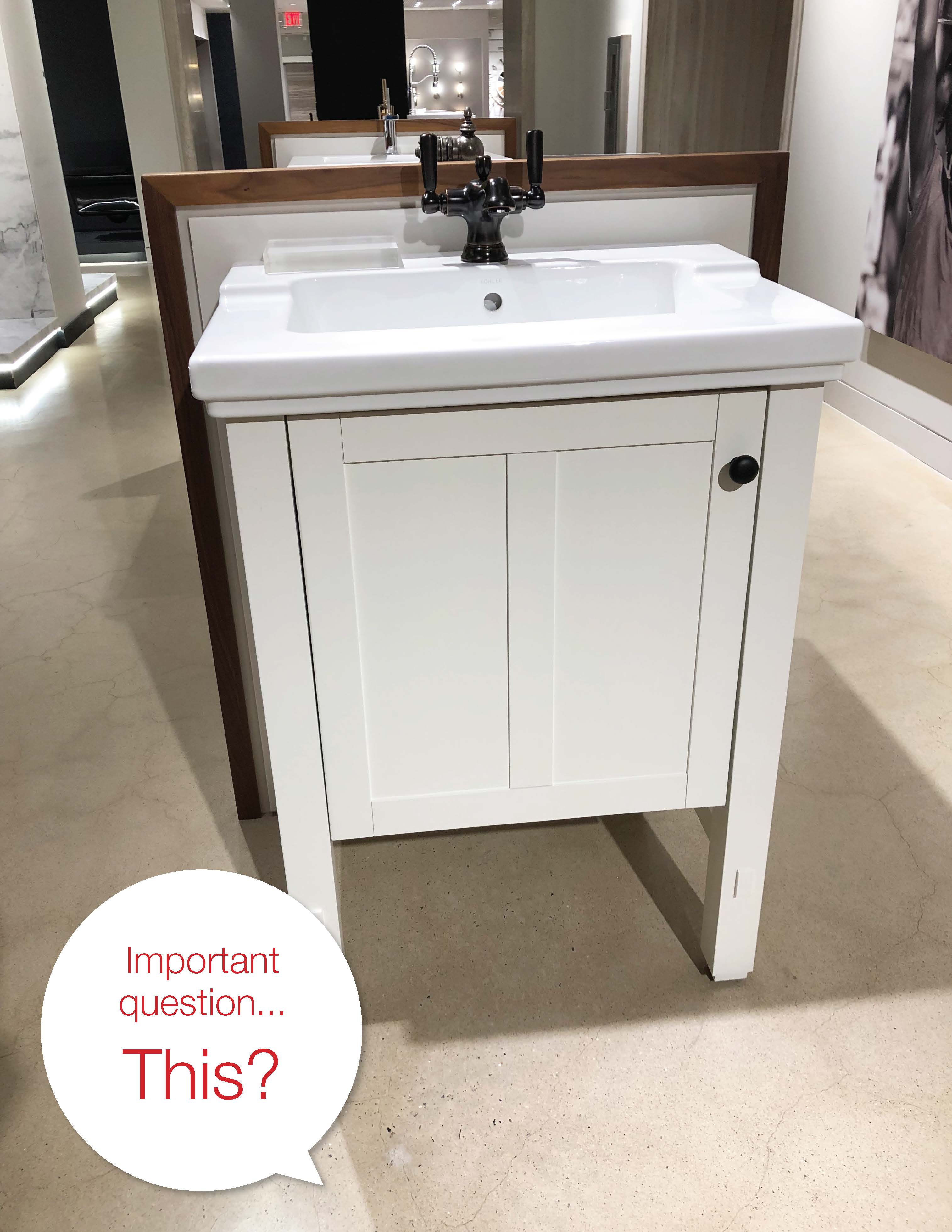 Kohler black faucet white sink with white wooden storage